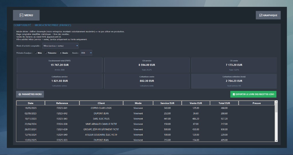 GESTOK — comptabilité micro-entreprise (mode vitrine)